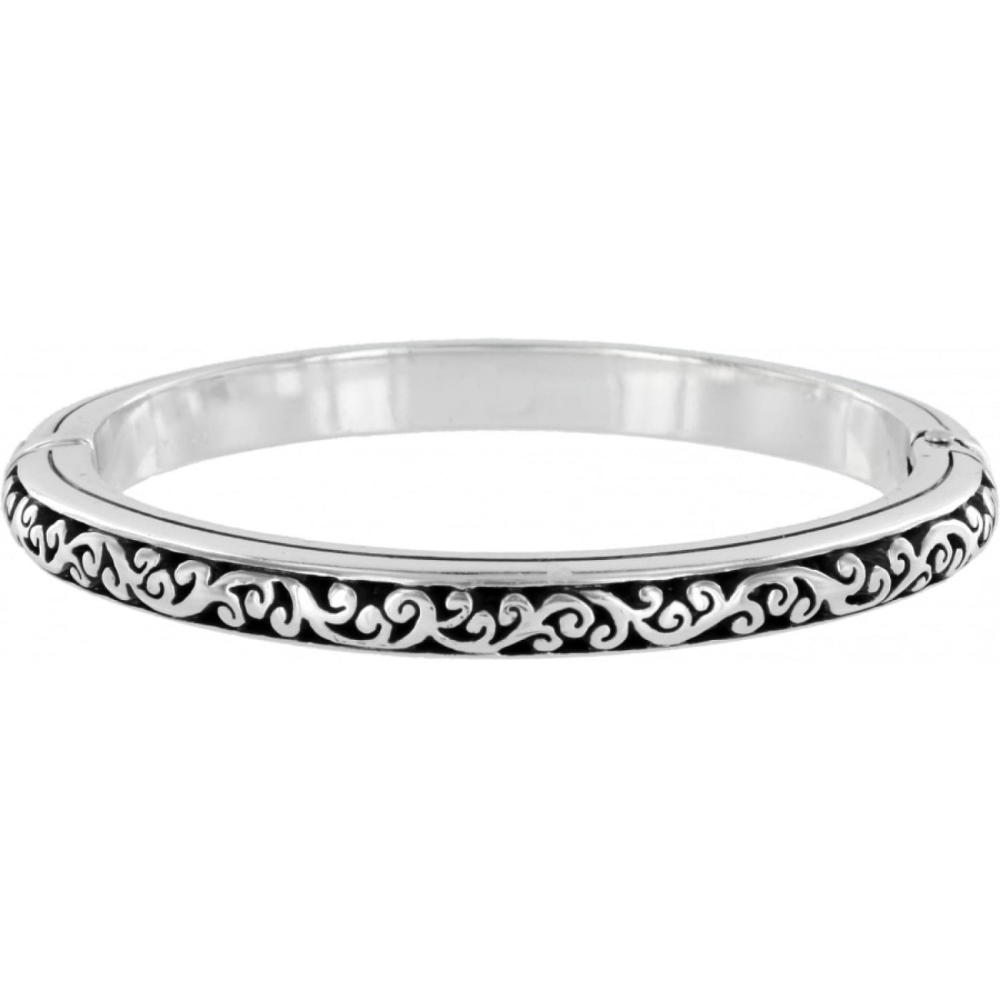 Brighton hinged bangle bracelet with silver-plated scroll filigree design and black enamel accents on a white background