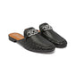 Brighton black leather mules with woven texture and silver-tone interlocking ring hardware on a white background