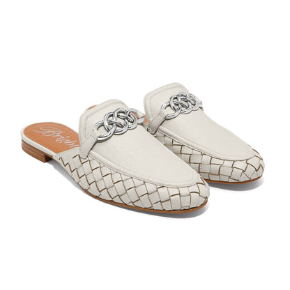 Brighton leather mules in cream with woven toe detail and silver-tone chain link ornament on a white background