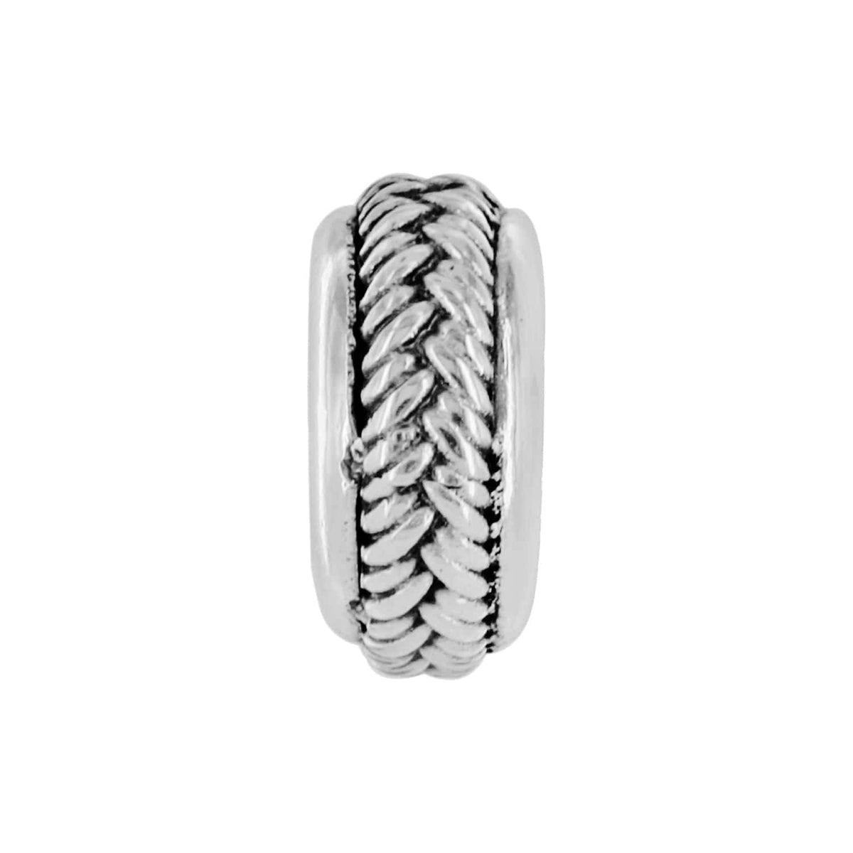Brighton silver-plated spacer charm with braided rope center design and smooth polished rims on a white background