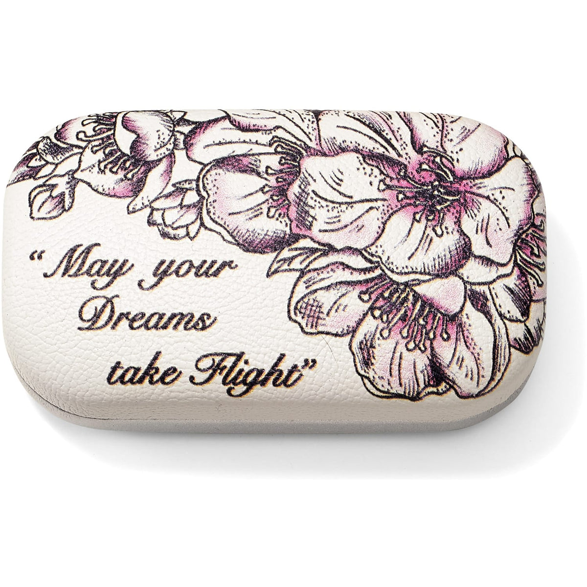 Brighton case with pink floral print and cursive May your Dreams take Flight quote on a white background