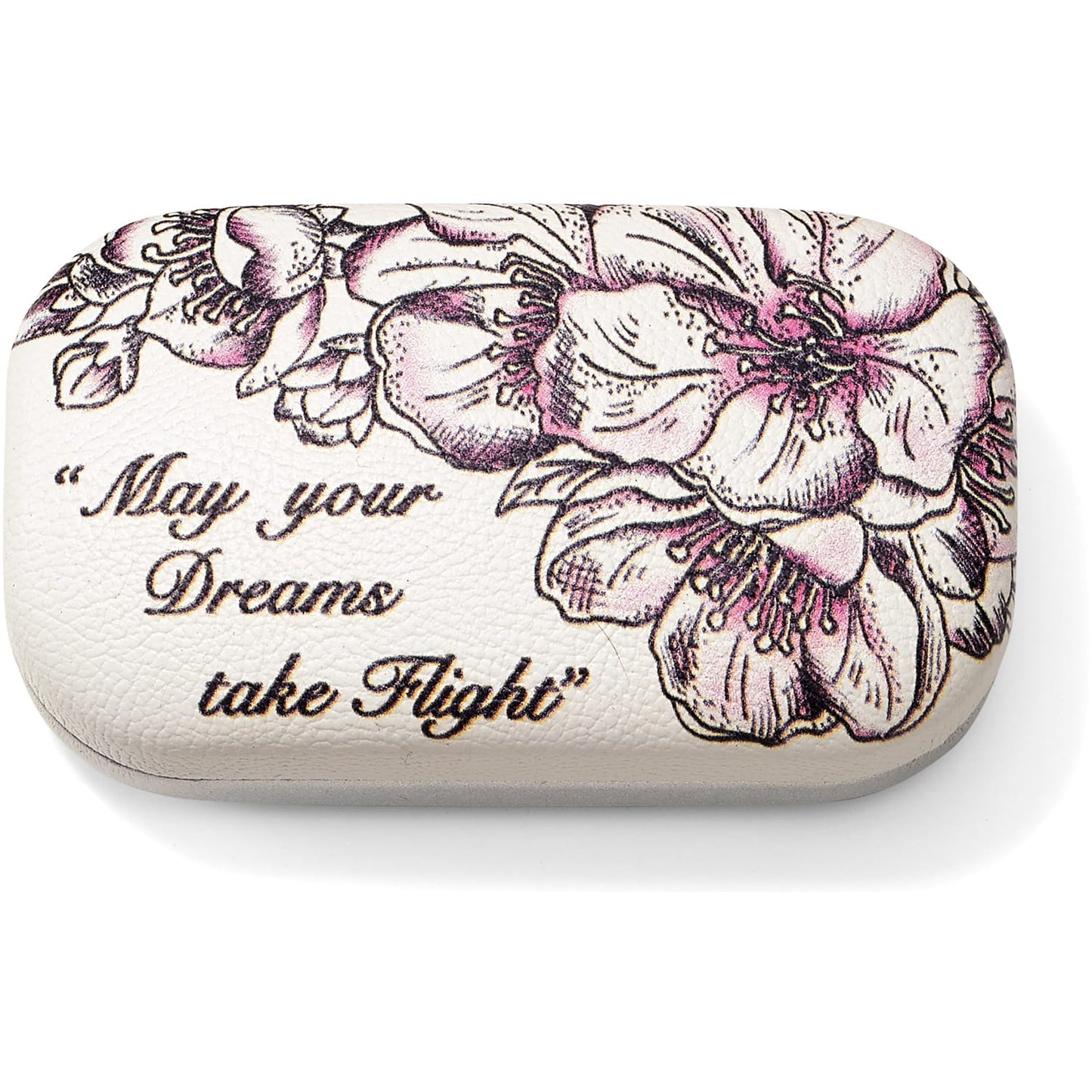 Brighton case with pink floral print and cursive May your Dreams take Flight quote on a white background