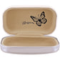 Brighton case shown open with tan suede interior featuring butterfly illustration and script logo on a white background