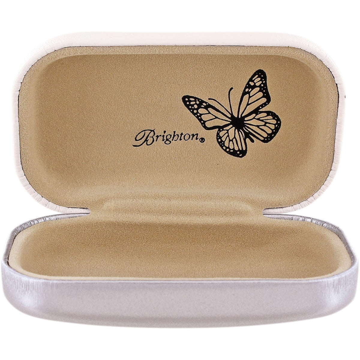 Brighton case shown open with tan suede interior featuring butterfly illustration and script logo on a white background