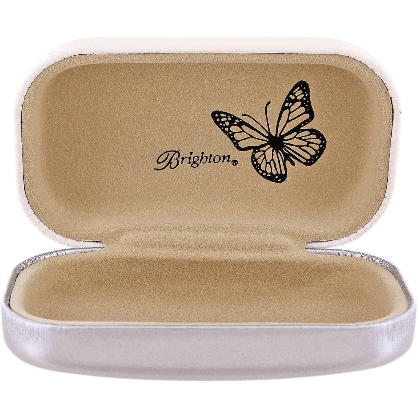 Brighton case shown open with tan suede interior featuring butterfly illustration and script logo on a white background