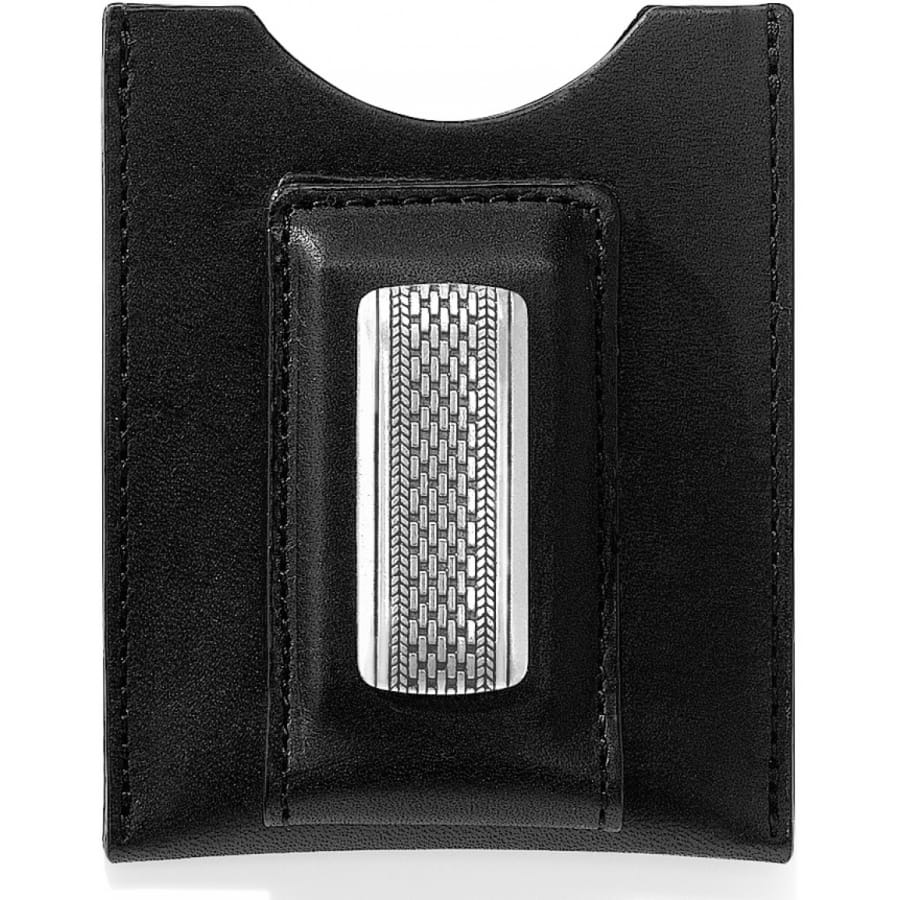 Brighton black leather money clip wallet with silver-tone textured woven metal clip detail on a white background