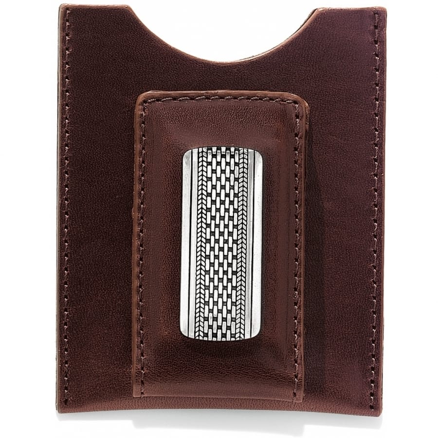 Brighton brown leather money clip wallet with silver-tone textured woven magnetic clip on a white background