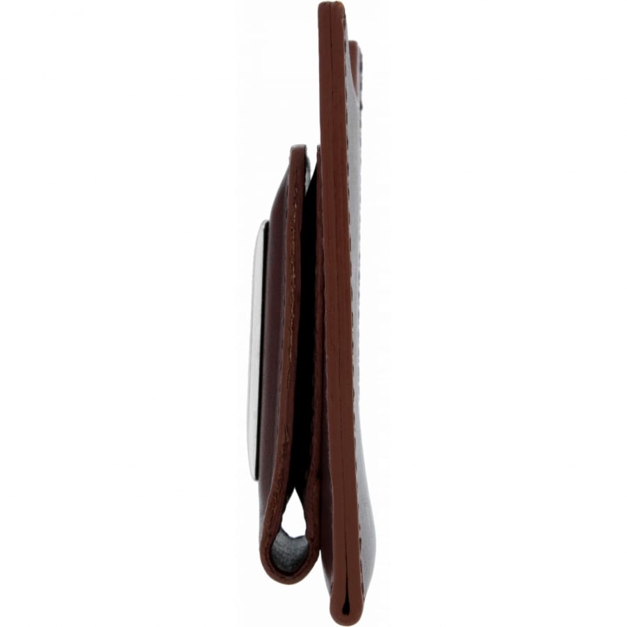 Brighton brown leather wallet shown from the side with stitched edges and slim profile on a white background