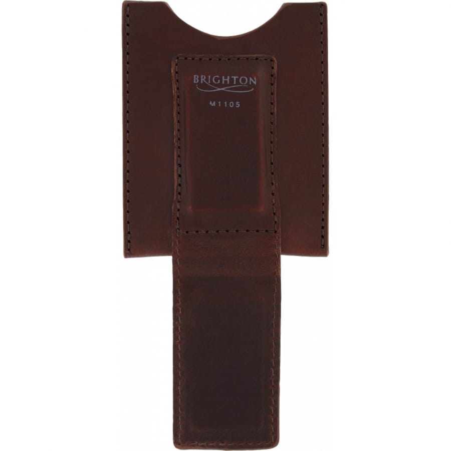 Brighton brown leather money clip wallet with stitched edges and embossed logo panel on a white background