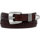 Brighton brown leather belt with silver-tone engraved buckle, keeper, and matching tip on a white background