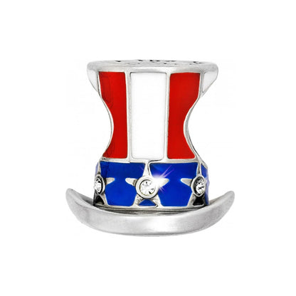 Brighton charm shaped like a patriotic top hat with red, white, and blue enamel and crystal accents on a white background