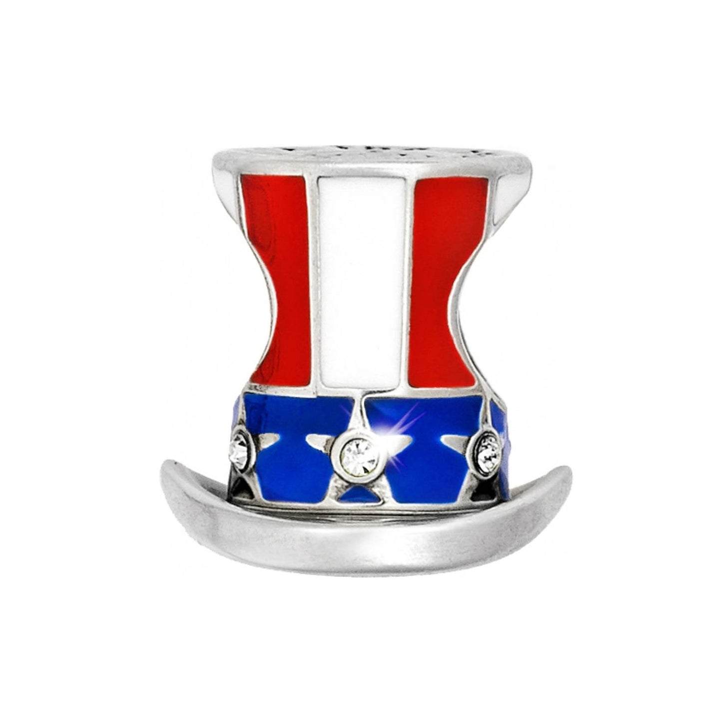 Brighton charm shaped like a patriotic top hat with red, white, and blue enamel and crystal accents on a white background