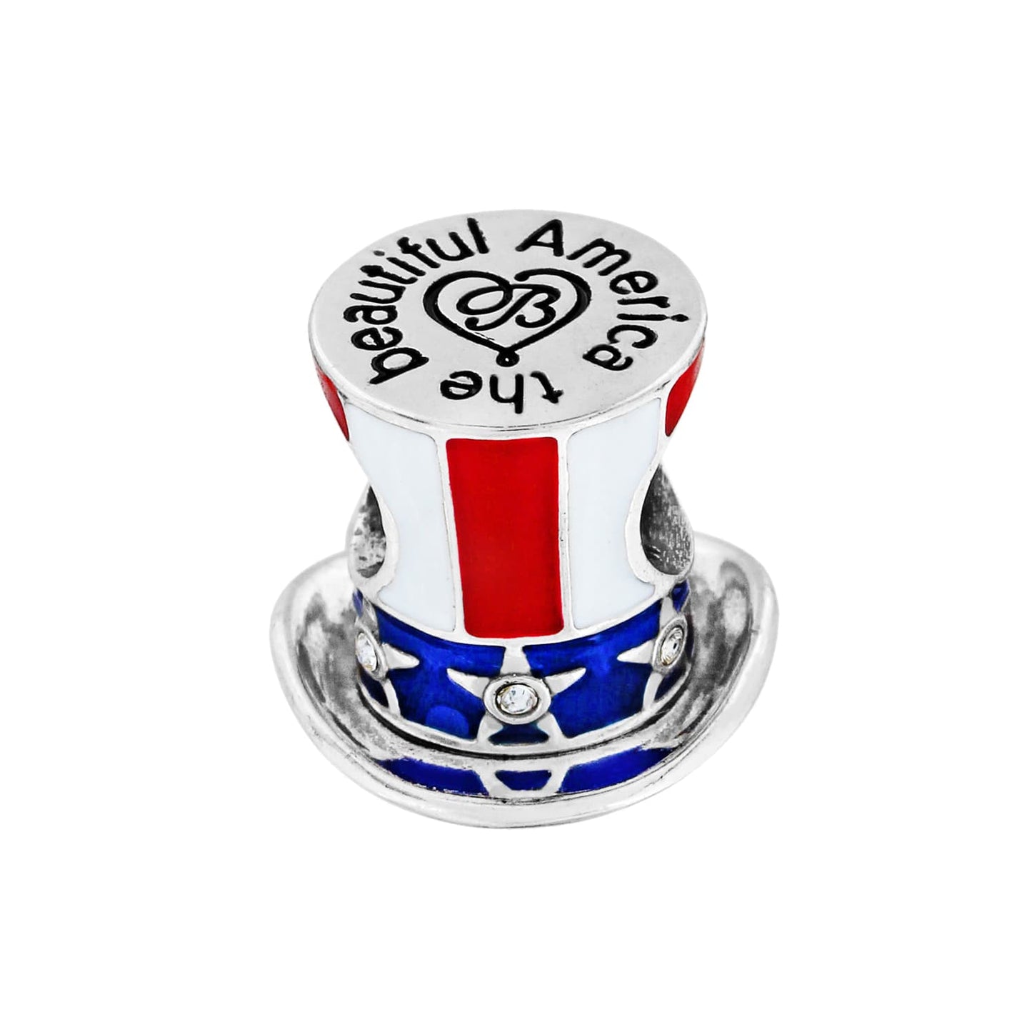 Brighton top hat charm with red white and blue enamel stripes, star cutouts, and crystal accents on a white background