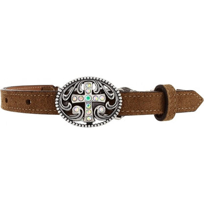 Brighton brown leather belt with oval silver-tone buckle featuring crystal-accented cross and scrollwork on a white background