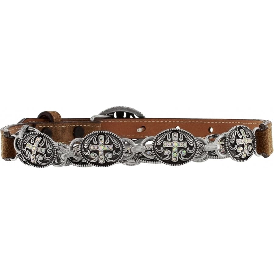 Brighton brown leather belt with silver-tone oval cross conchos, crystal accents, and chain links on a white background