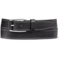 Brighton black leather belt with contrast white double stitching and silver-tone rectangular buckle on a white background