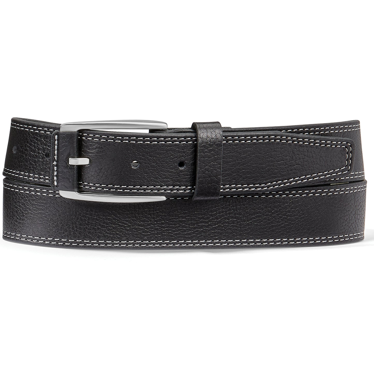Brighton black leather belt with contrast white double stitching and silver-tone rectangular buckle on a white background