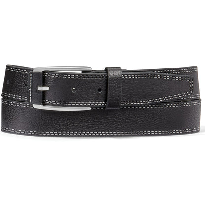 Brighton black leather belt with contrast white double stitching and silver-tone rectangular buckle on a white background
