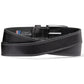 Brighton black leather belt with white contrast stitching and silver-tone buckle, coiled on a white background