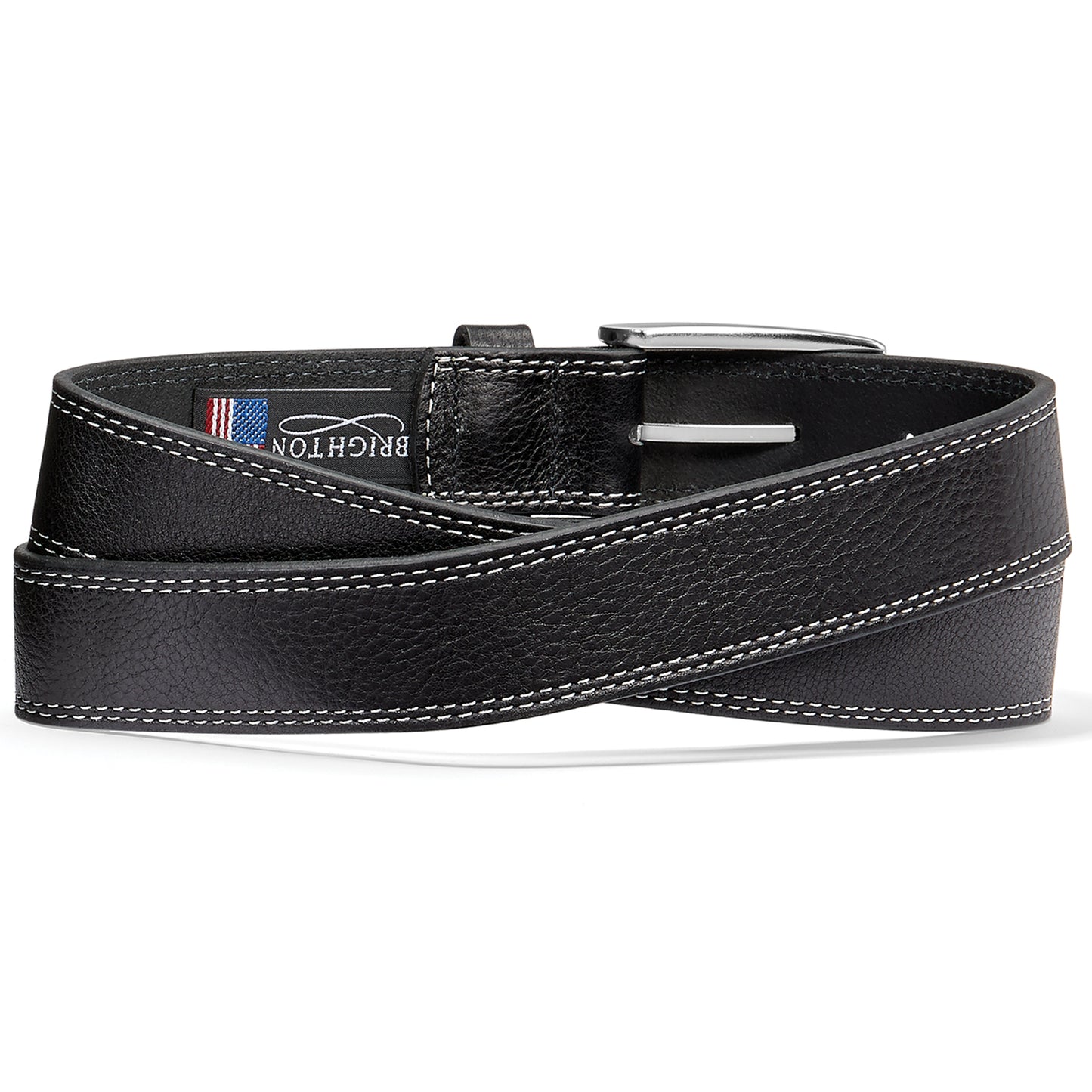 Brighton black leather belt with white contrast stitching and silver-tone buckle, coiled on a white background