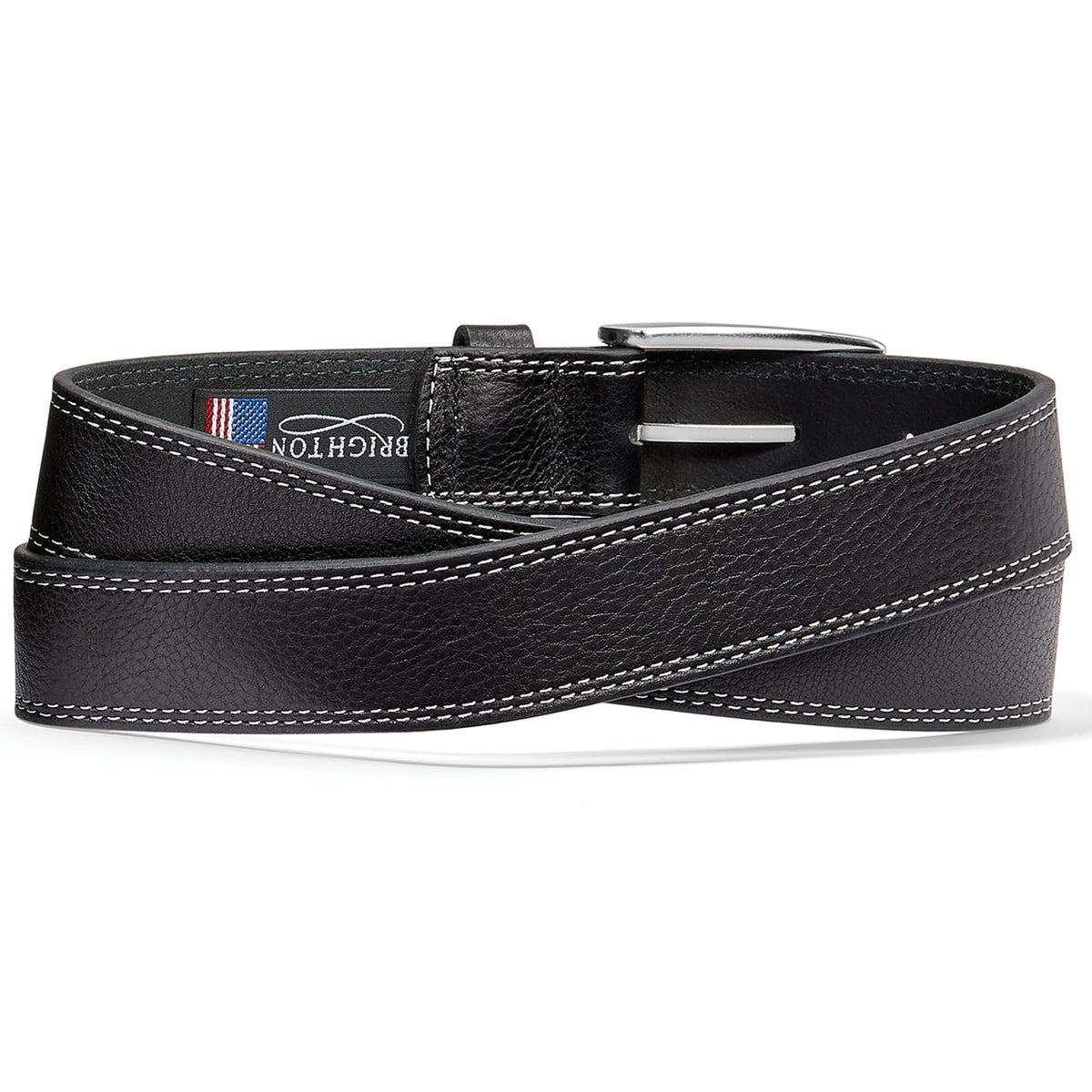 Brighton black leather belt with white contrast stitching and silver-tone buckle, coiled on a white background