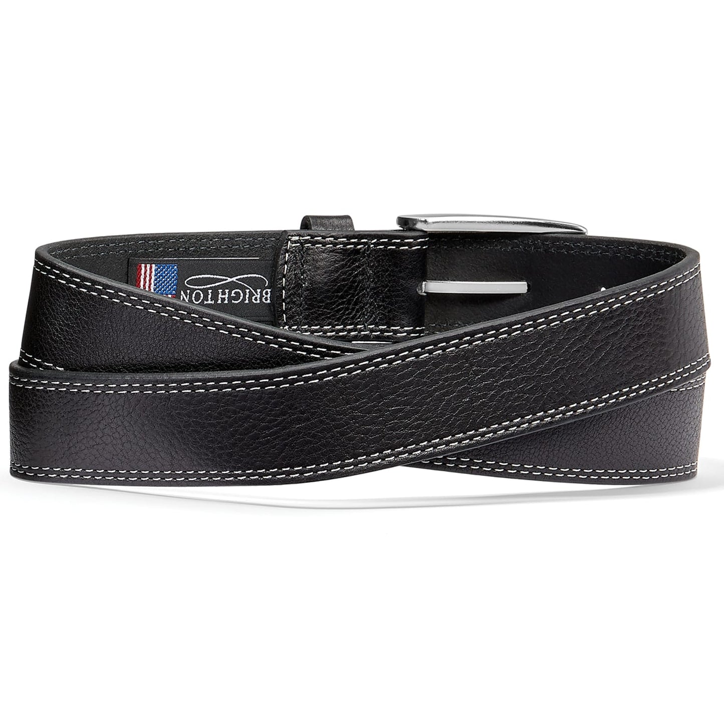 Brighton black leather belt with white contrast stitching and silver-tone buckle, coiled on a white background