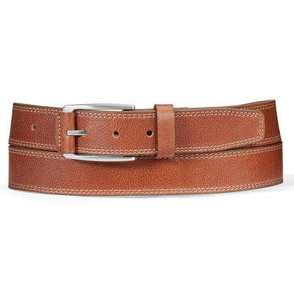 Brighton tan leather belt with contrast stitching and silver-tone rectangular buckle on a white background