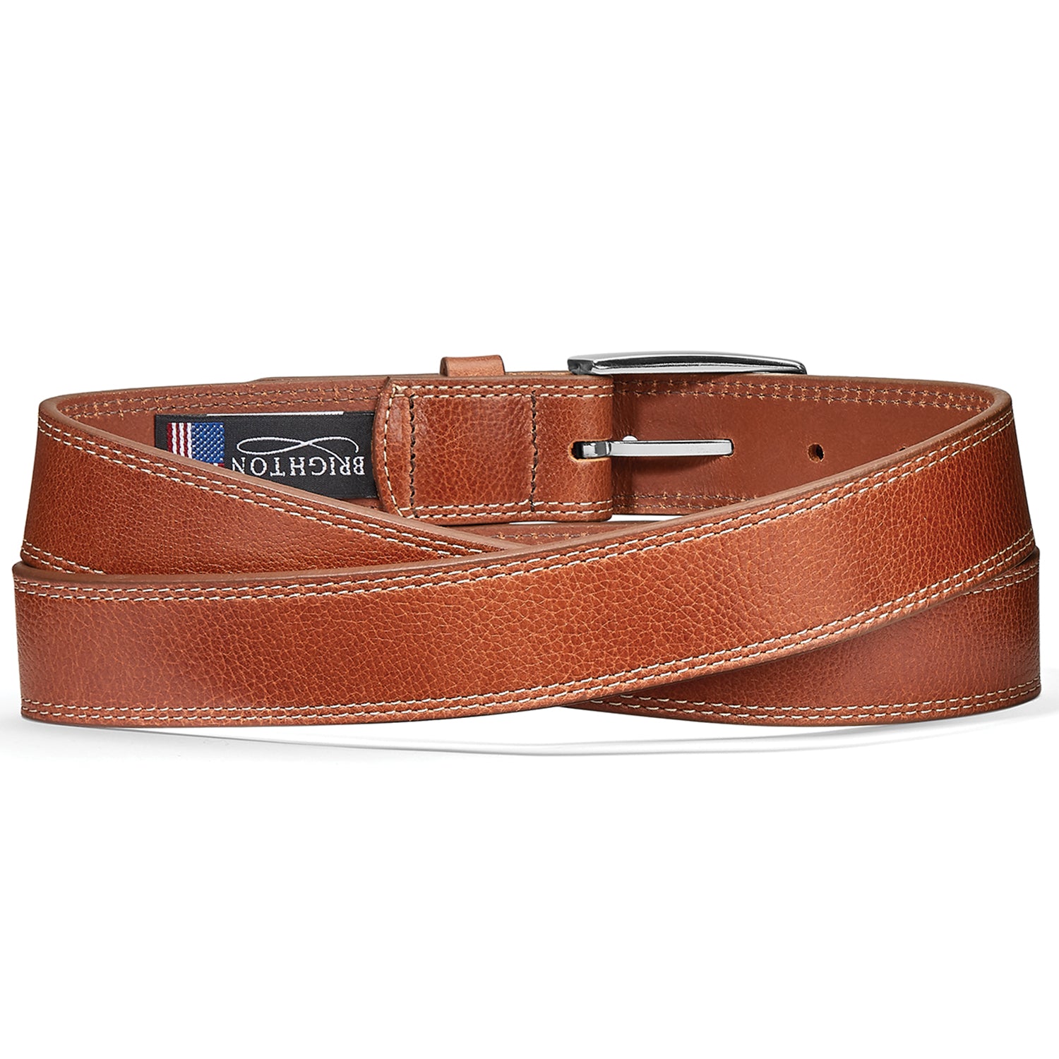 Brighton tan leather belt with contrast stitching detail and silver-tone rectangular buckle on a white background