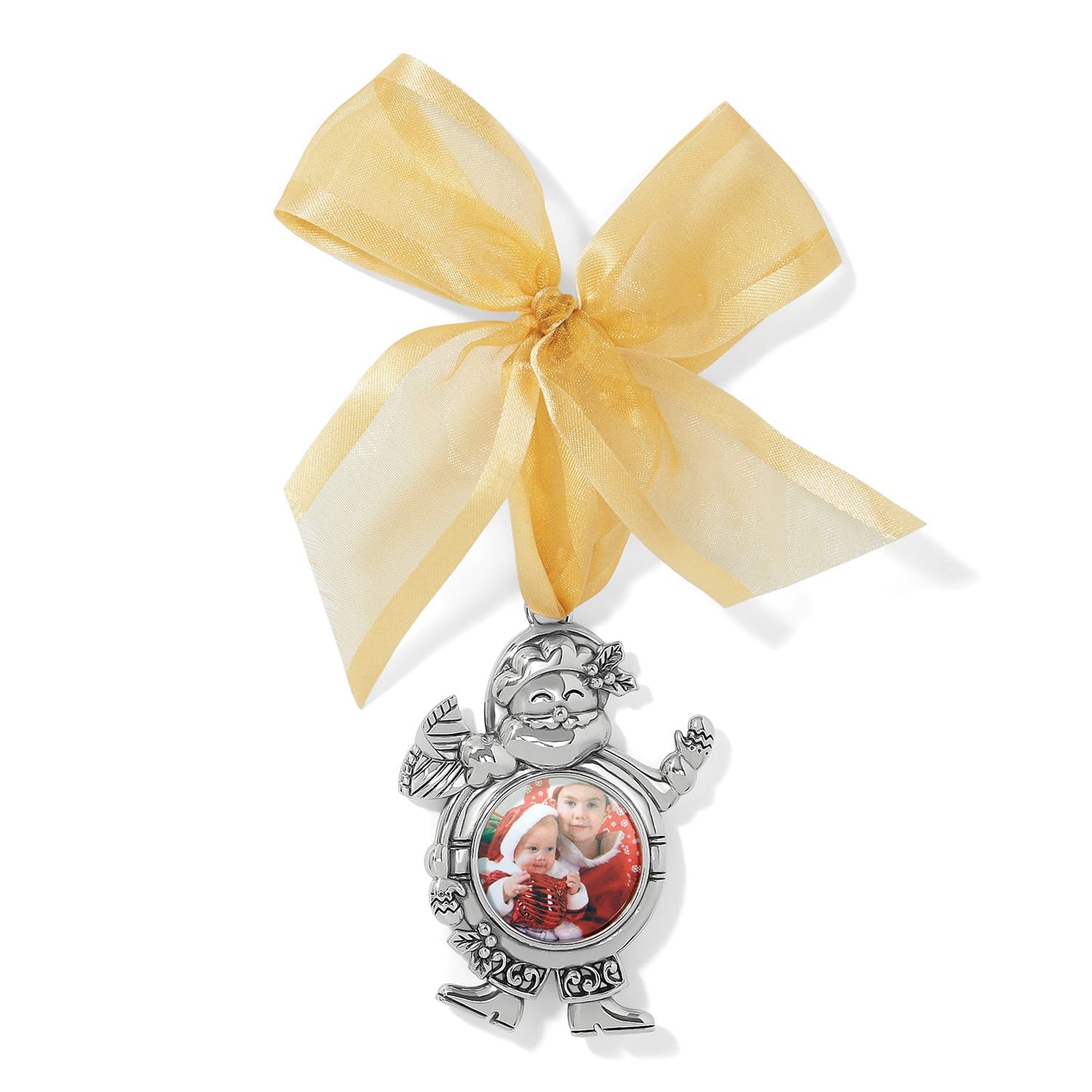 Brighton silver-plated Santa photo ornament with holly accents and gold organza ribbon bow on a white background