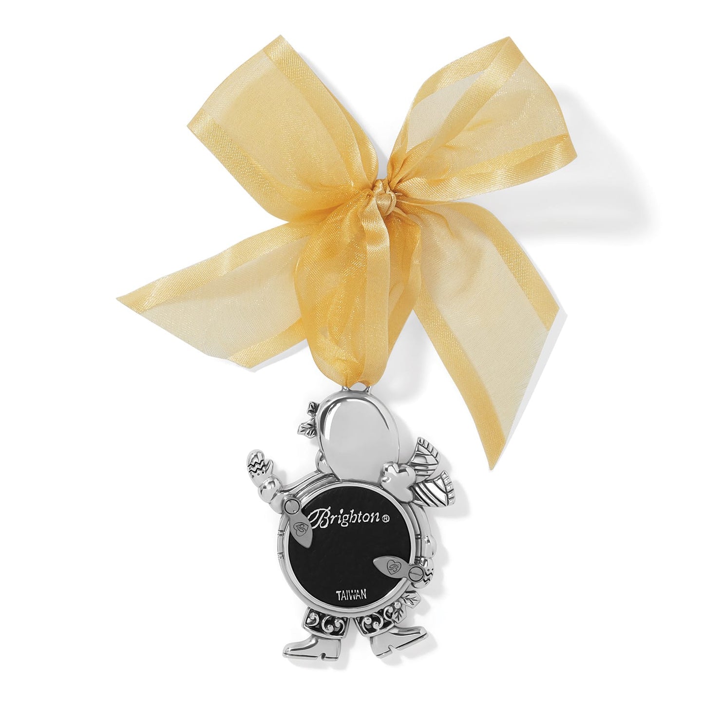 Brighton silver-plated ornament shaped like a figure, shown from the back with yellow organza bow on a white background