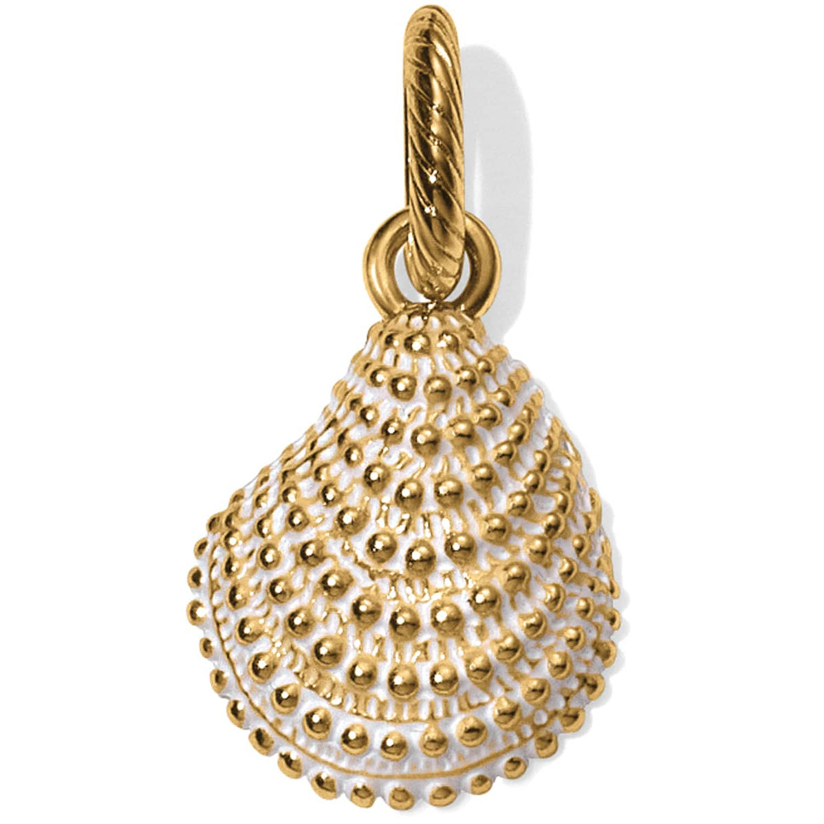 Brighton shell charm with gold-plated beaded texture and white enamel accents on a white background