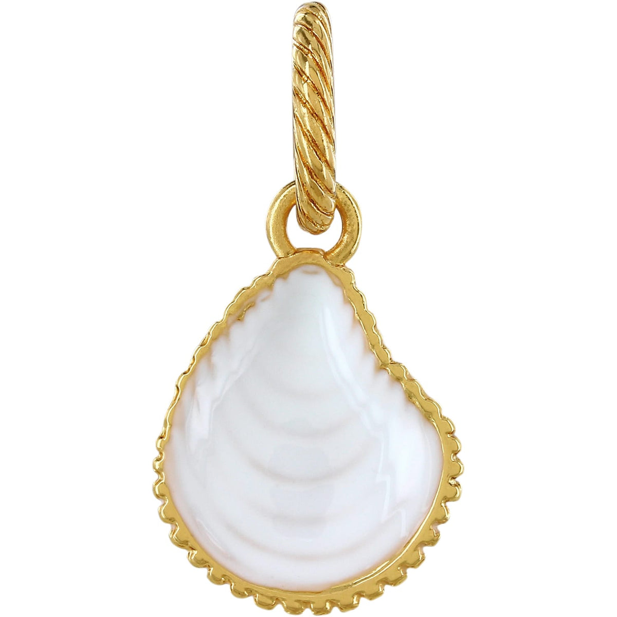 Brighton pendant with white oyster shell design and gold-plated rope bail and scalloped edging on a white background