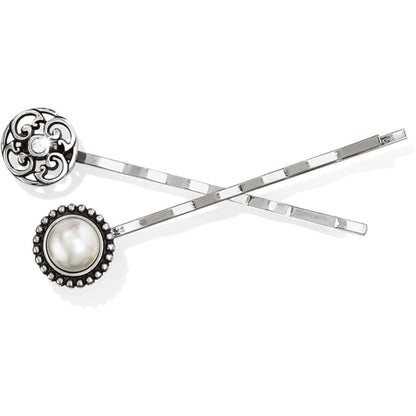 Brighton silver-plated bobby pins with ornate scroll medallion and beaded pearl accent on a white background