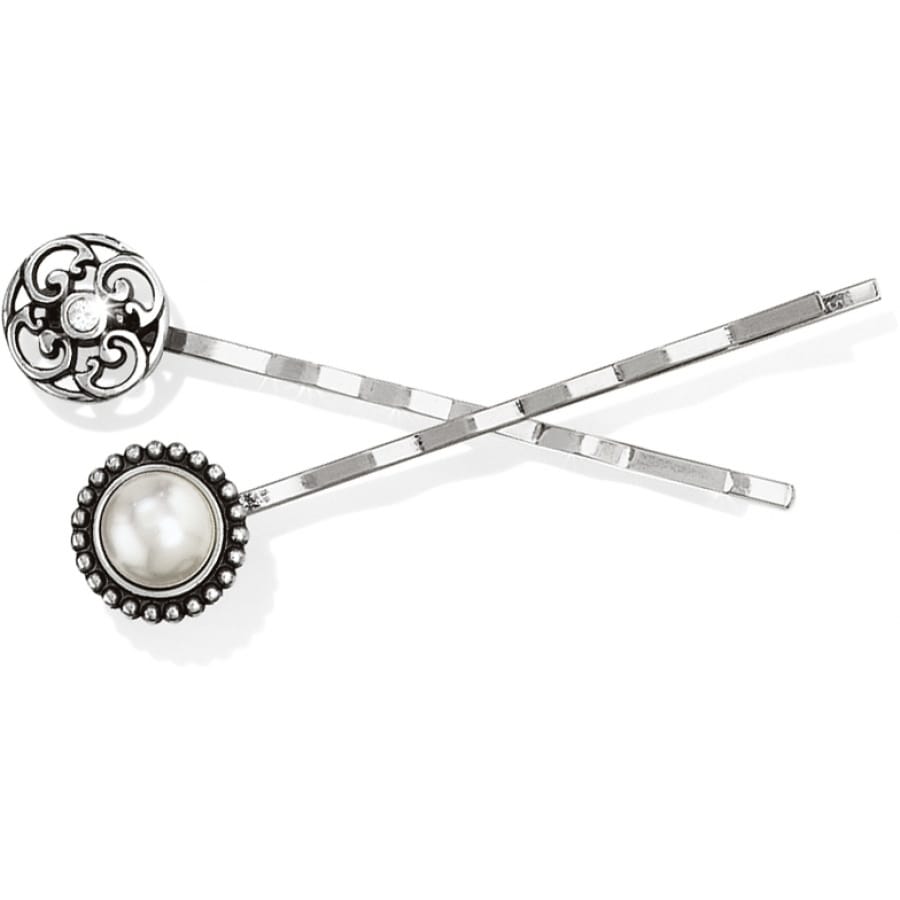 Brighton silver-plated bobby pins with ornate scroll medallion and beaded pearl accent on a white background