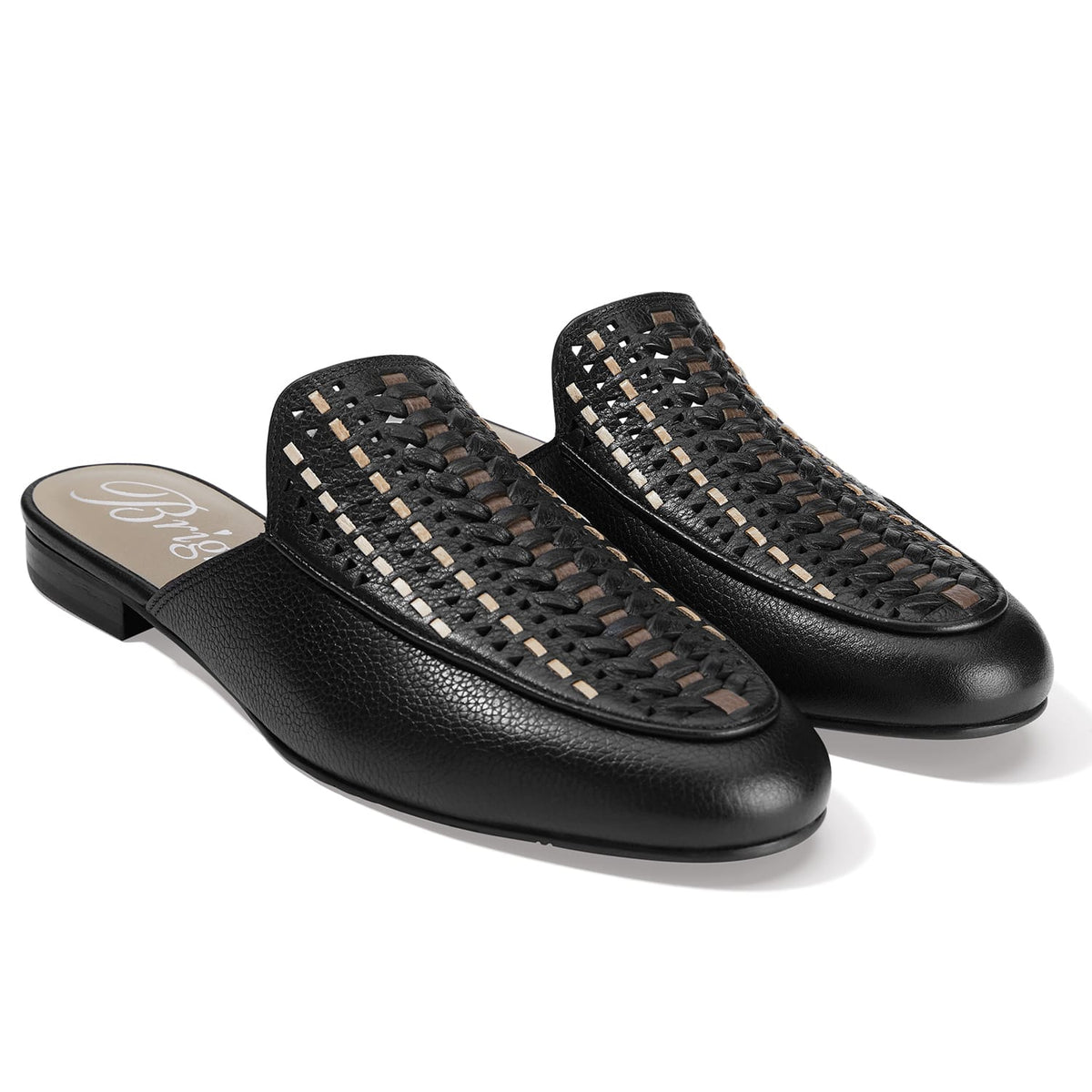 Brighton black leather mules with woven vamp detail and tan accents in an almond toe silhouette on a white background