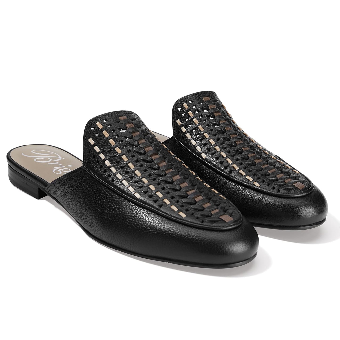 Brighton black leather mules with woven vamp detail and tan accents in an almond toe silhouette on a white background