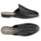 Brighton black leather mules shown from side and top views with woven detailing and branded insole on a white background