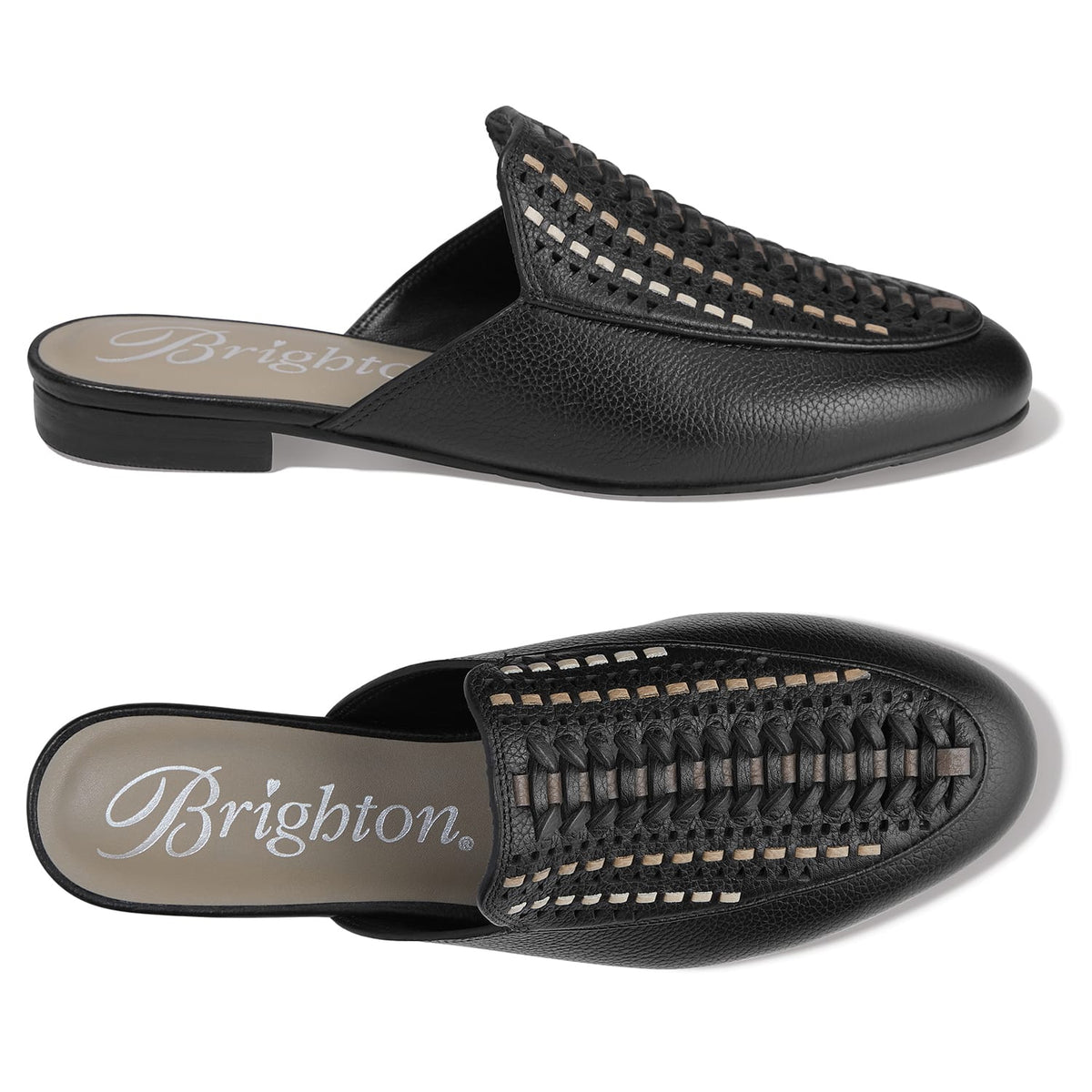 Brighton black leather mules shown from side and top views with woven detailing and branded insole on a white background