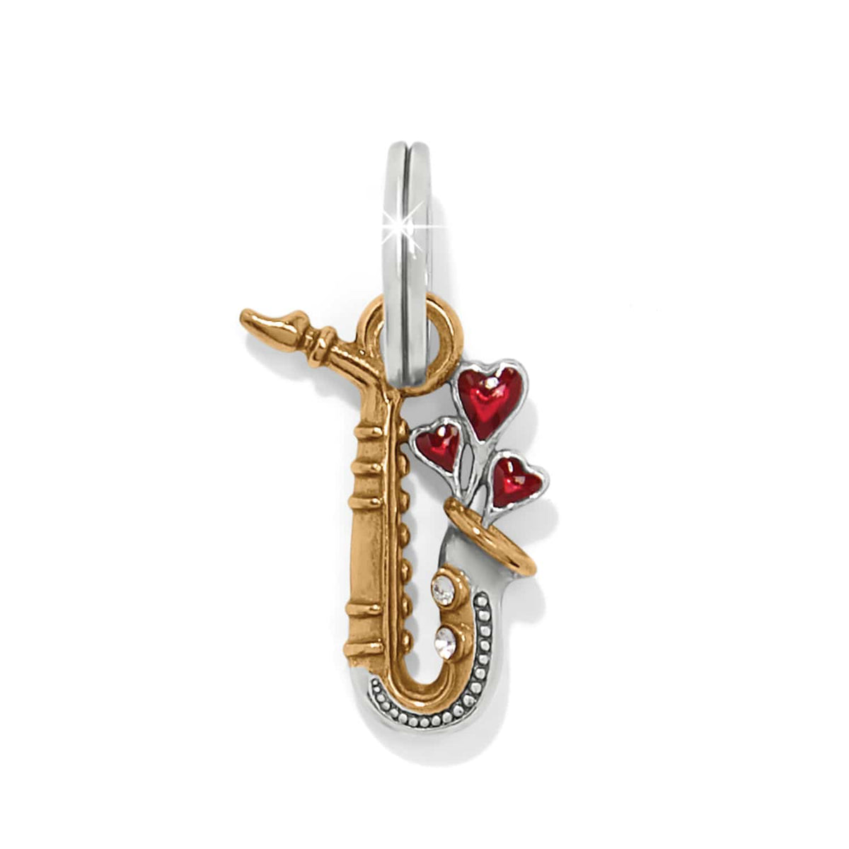 Brighton saxophone charm in two-tone finish with red enamel hearts and crystal accents on a white background