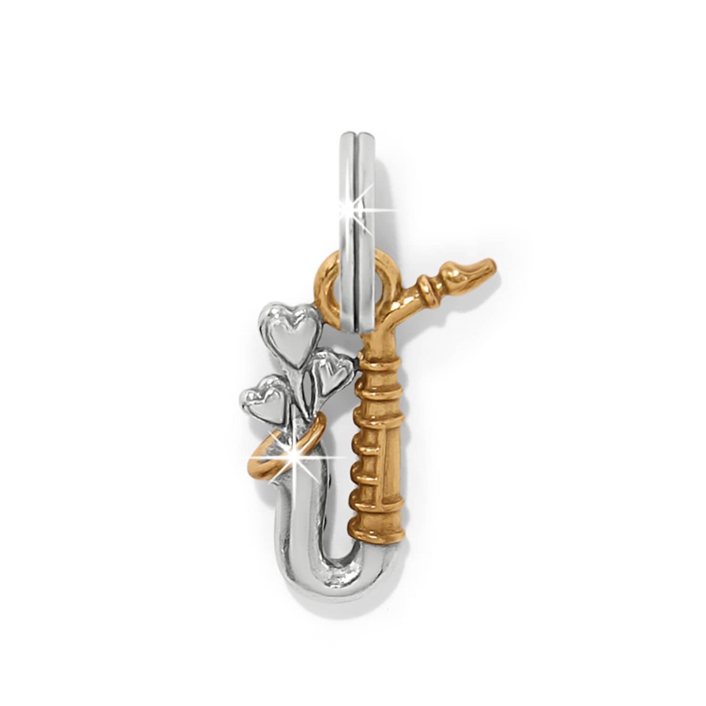 Brighton two-tone charm featuring silver hearts and gold key design with polished finish on a white background