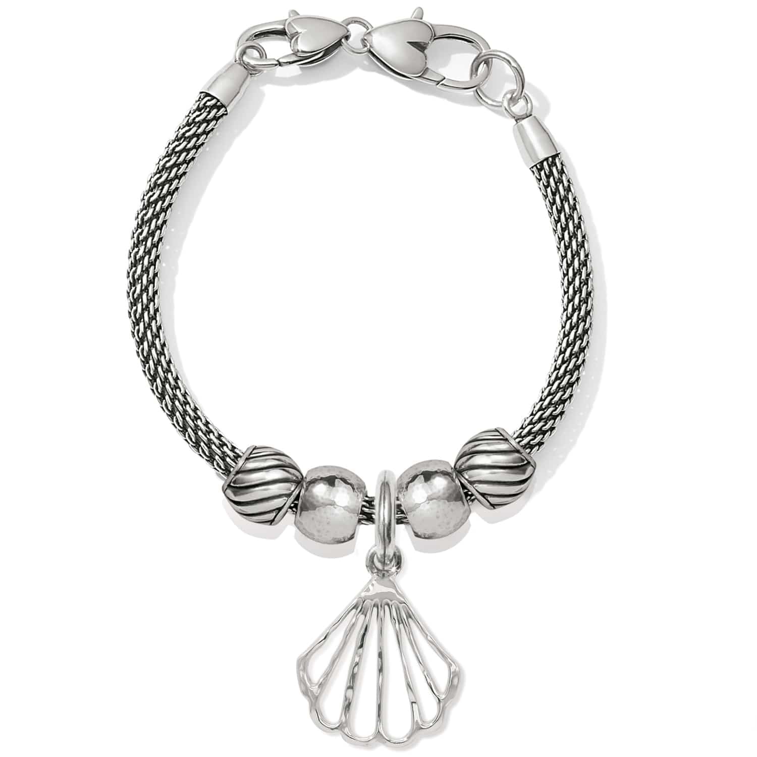 Brighton charm bracelet with silver-plated mesh chain, beaded accents, and openwork seashell charm on a white background