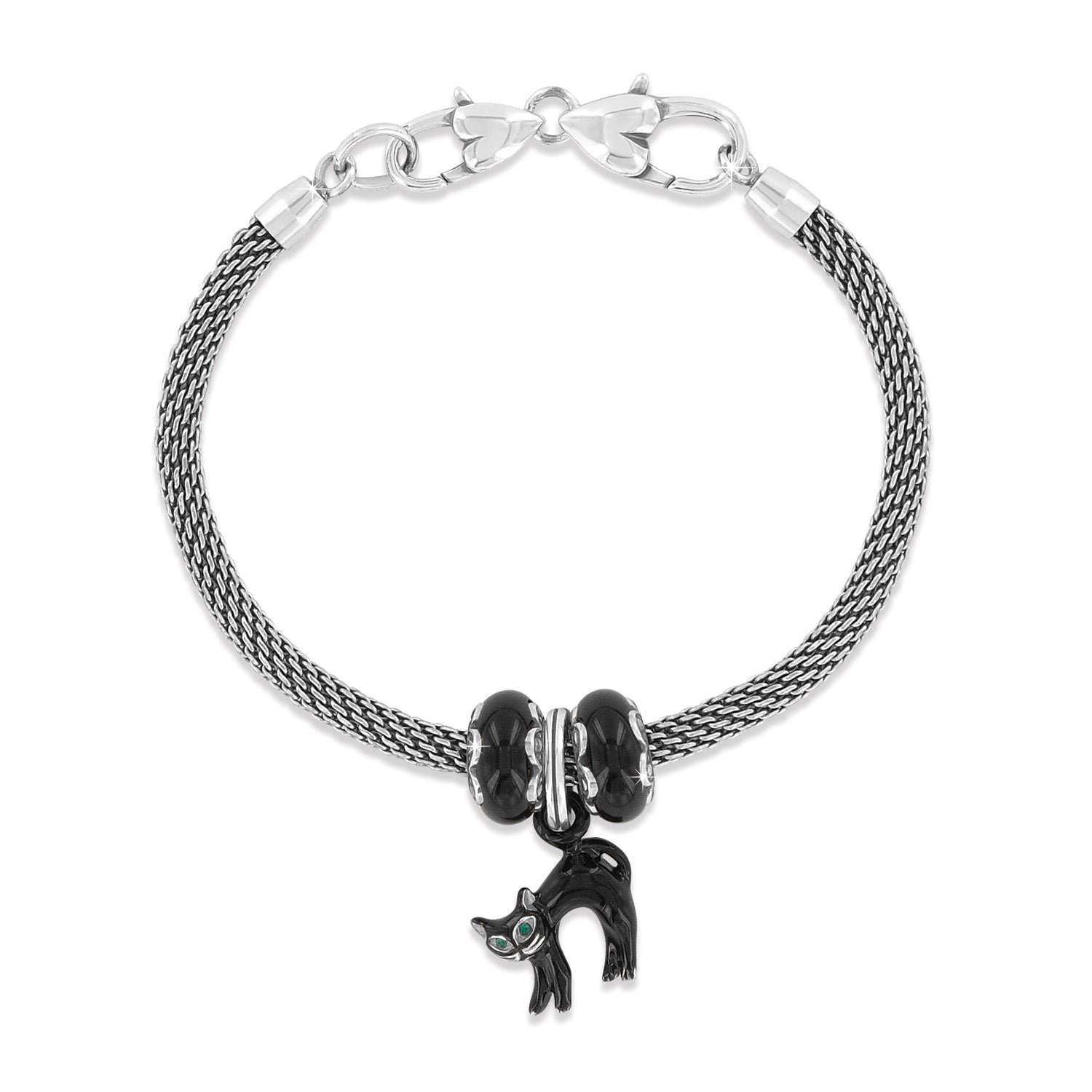 Brighton silver-plated mesh charm bracelet with black enamel beads and black cat charm on a white background