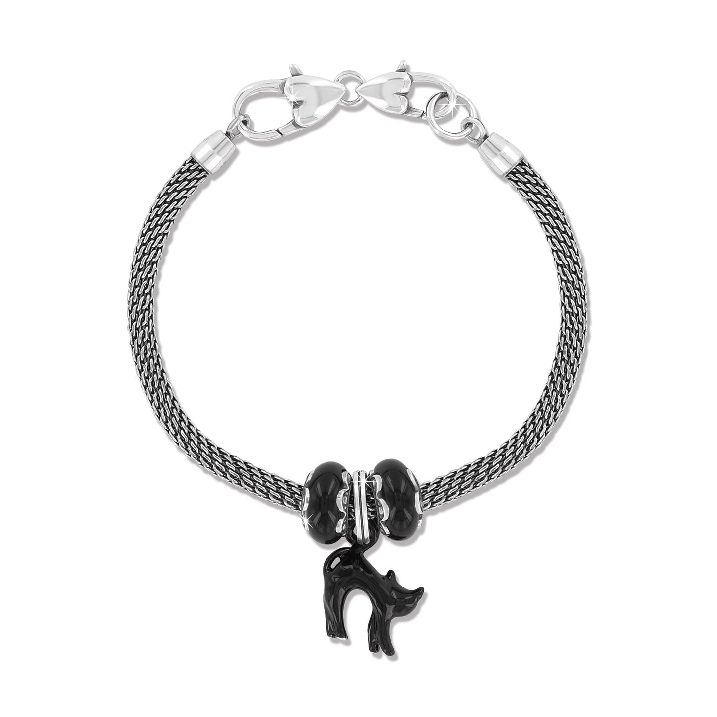 Brighton charm bracelet with silver-plated mesh chain, black enamel cat charm, and black beads on a white background