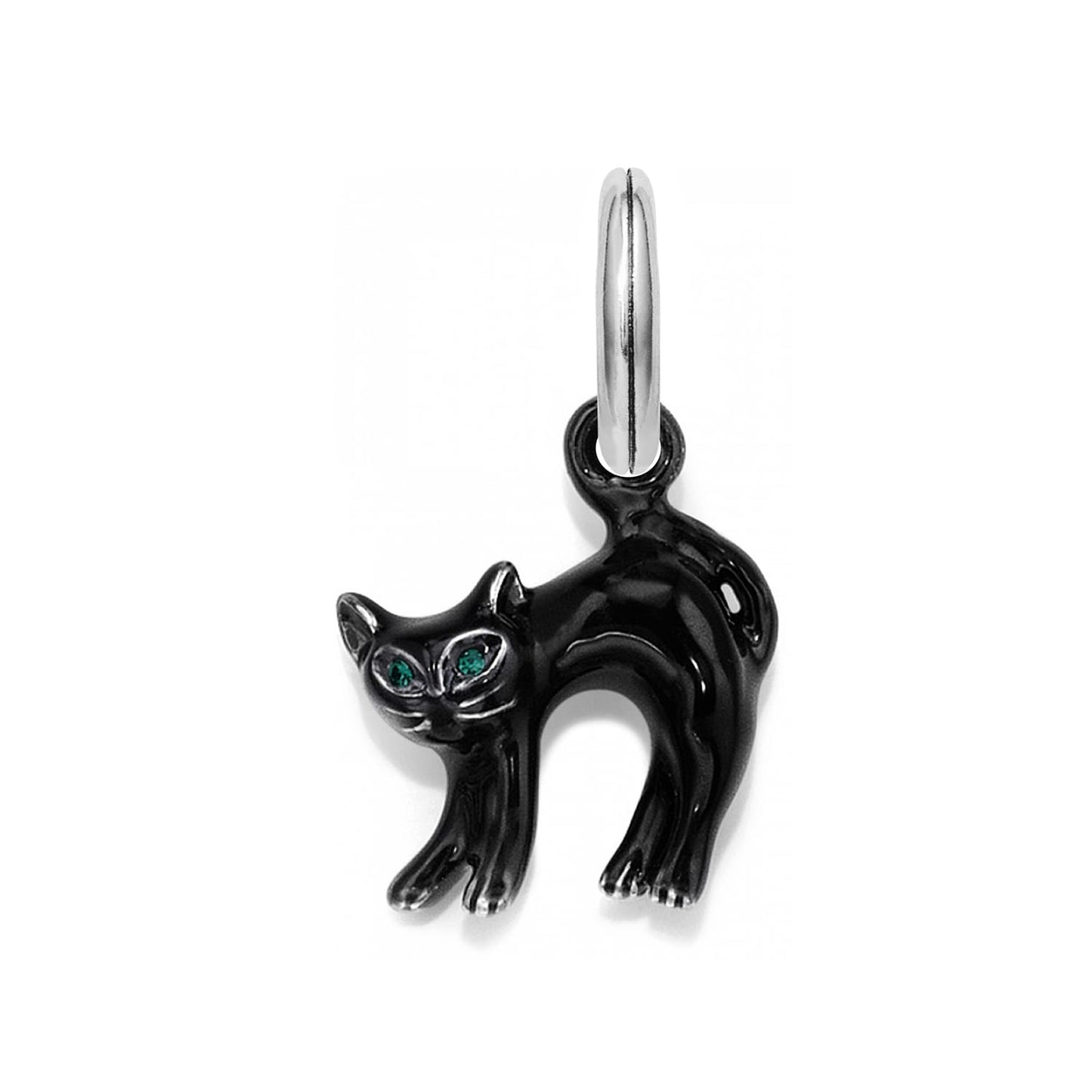 Brighton black cat charm with arched back, green crystal eyes, and silver-plated ring on a white background