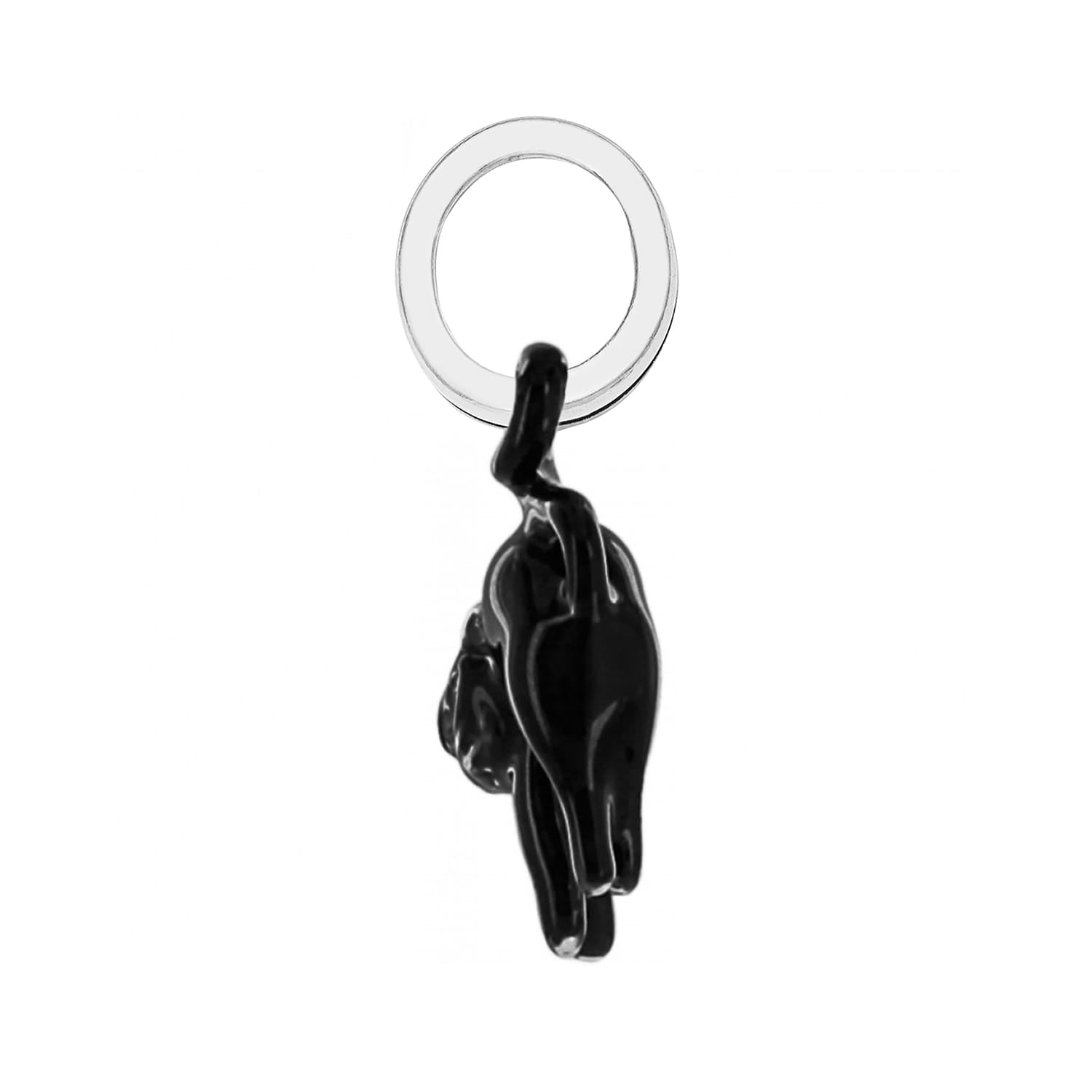 Brighton charm with black panther figure hanging from silver-plated ring on a white background