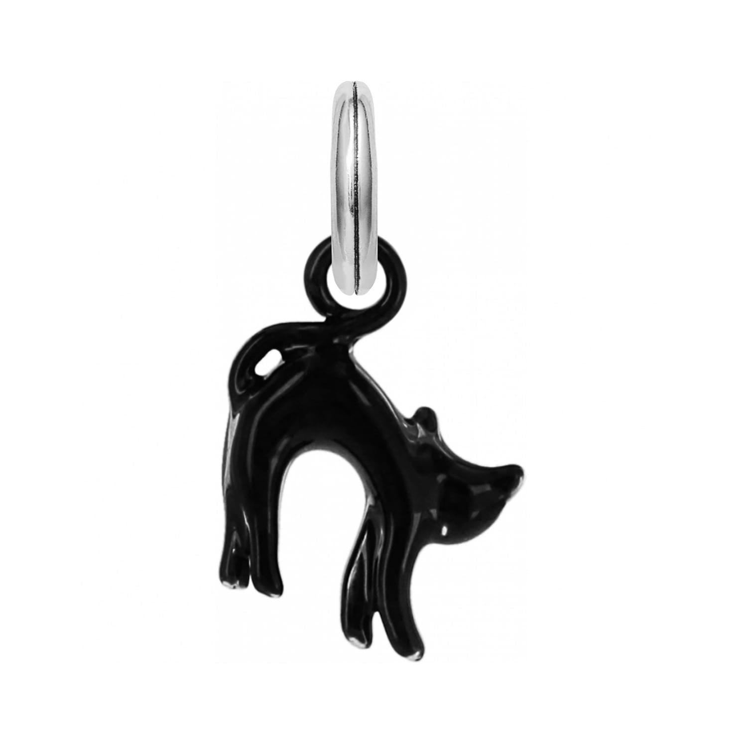 Brighton black cat charm with arched back and silver-plated ring loop on a white background