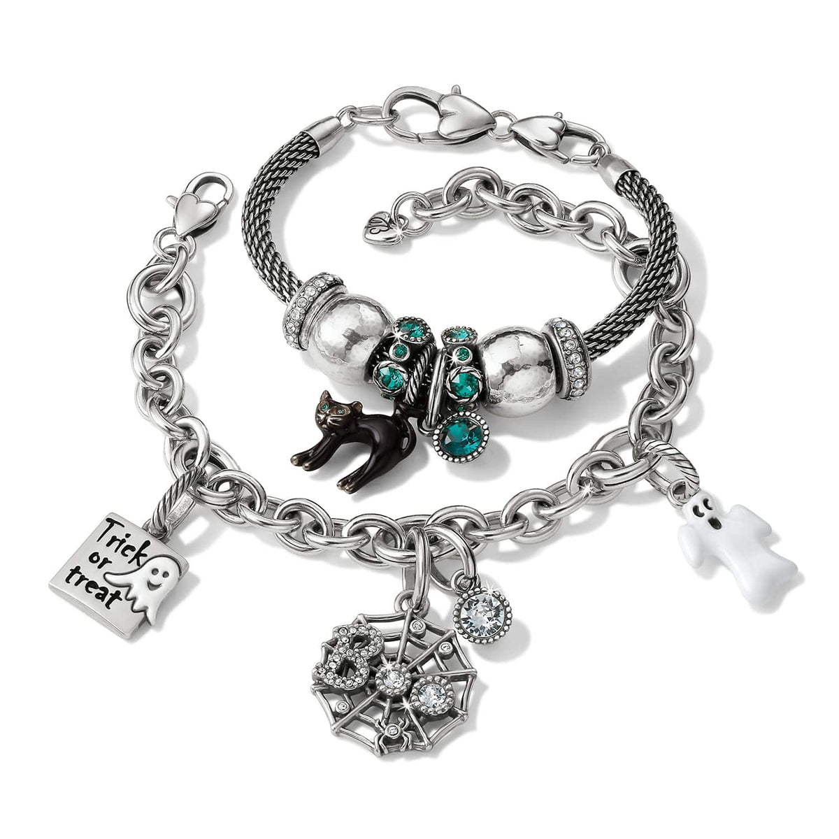 Brighton silver-plated charm bracelets with Halloween black cat, ghost, spider web, and teal crystal beads on a white background