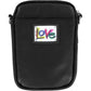 Brighton crossbody handbag in black pebbled leather with colorful Love graphic patch and adjustable strap on a white background