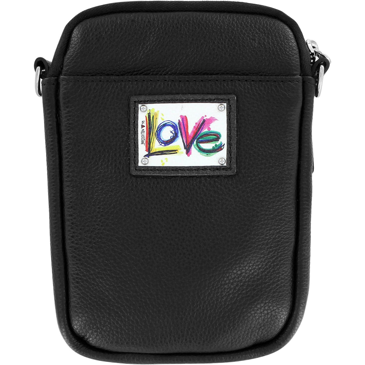 Brighton crossbody handbag in black pebbled leather with colorful Love graphic patch and adjustable strap on a white background