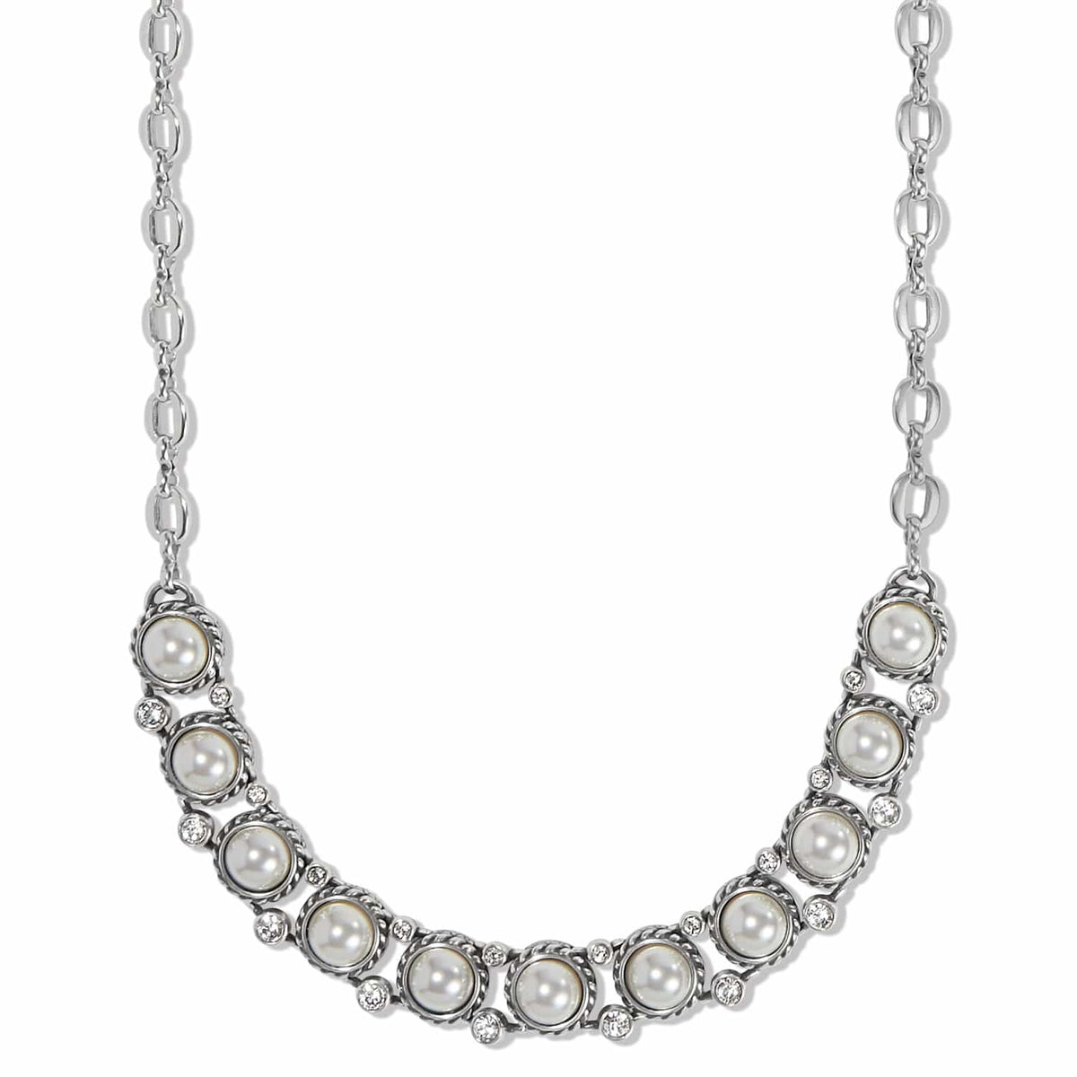 Brighton necklace with glass pearls, crystal accents, and silver-plated rope-edged settings on a white background